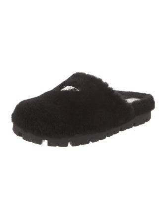 Prada Enameled Metal Triangle Shearling Slides