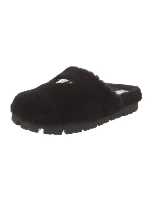 Prada Enameled Metal Triangle Shearling Slides