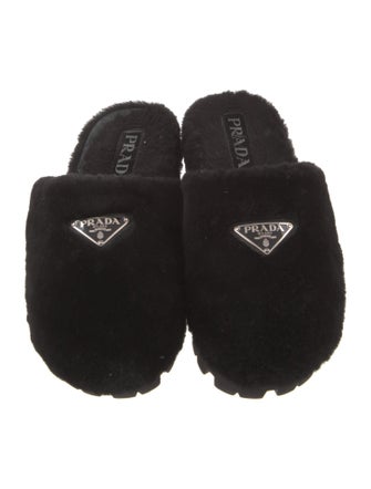 Prada Enameled Metal Triangle Shearling Slides
