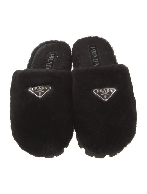 Prada Enameled Metal Triangle Shearling Slides