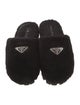 Prada Enameled Metal Triangle Shearling Slides