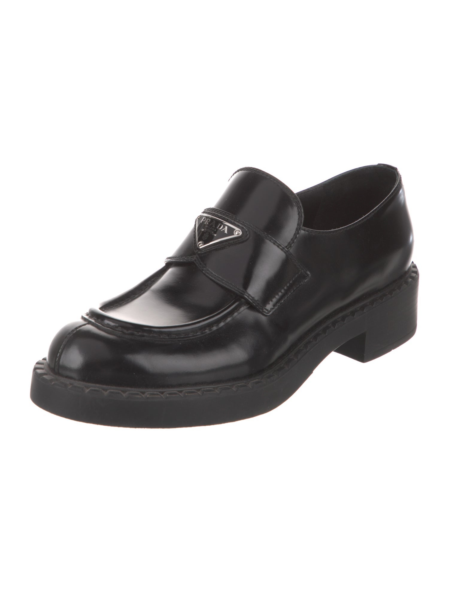 Prada Enameled Metal Triangle Leather Oxfords