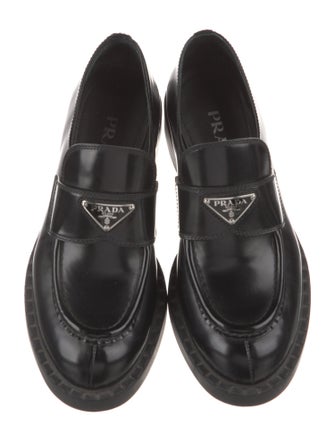 Prada Enameled Metal Triangle Leather Oxfords
