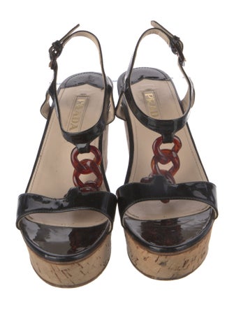 Prada Patent Leather Chain-Link Accents T-Strap Sandals
