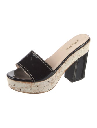 Prada Patent Leather Leather Trim Embellishment Slides