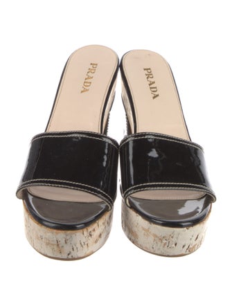 Prada Patent Leather Leather Trim Embellishment Slides