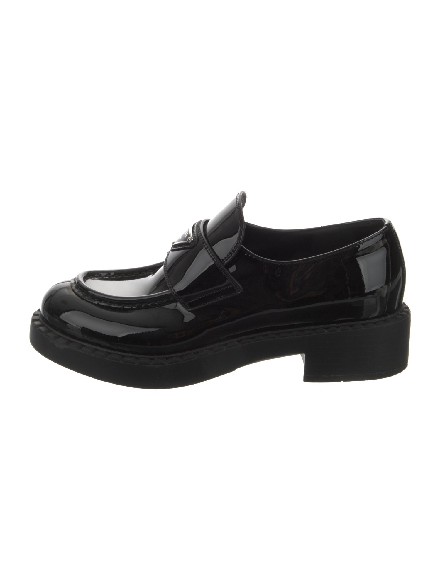 Prada Enameled Metal Triangle Patent Leather Oxfords