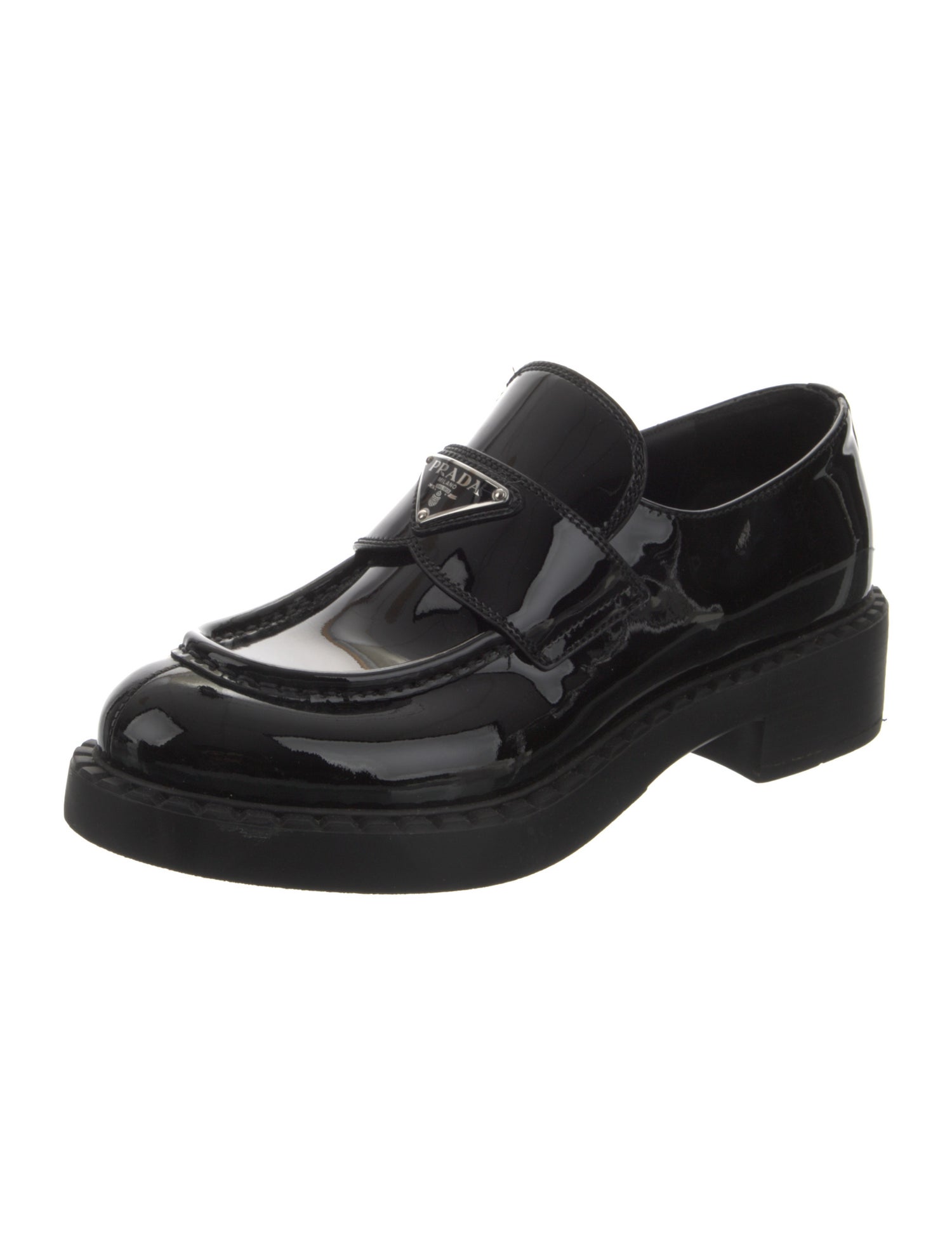 Prada Enameled Metal Triangle Patent Leather Oxfords