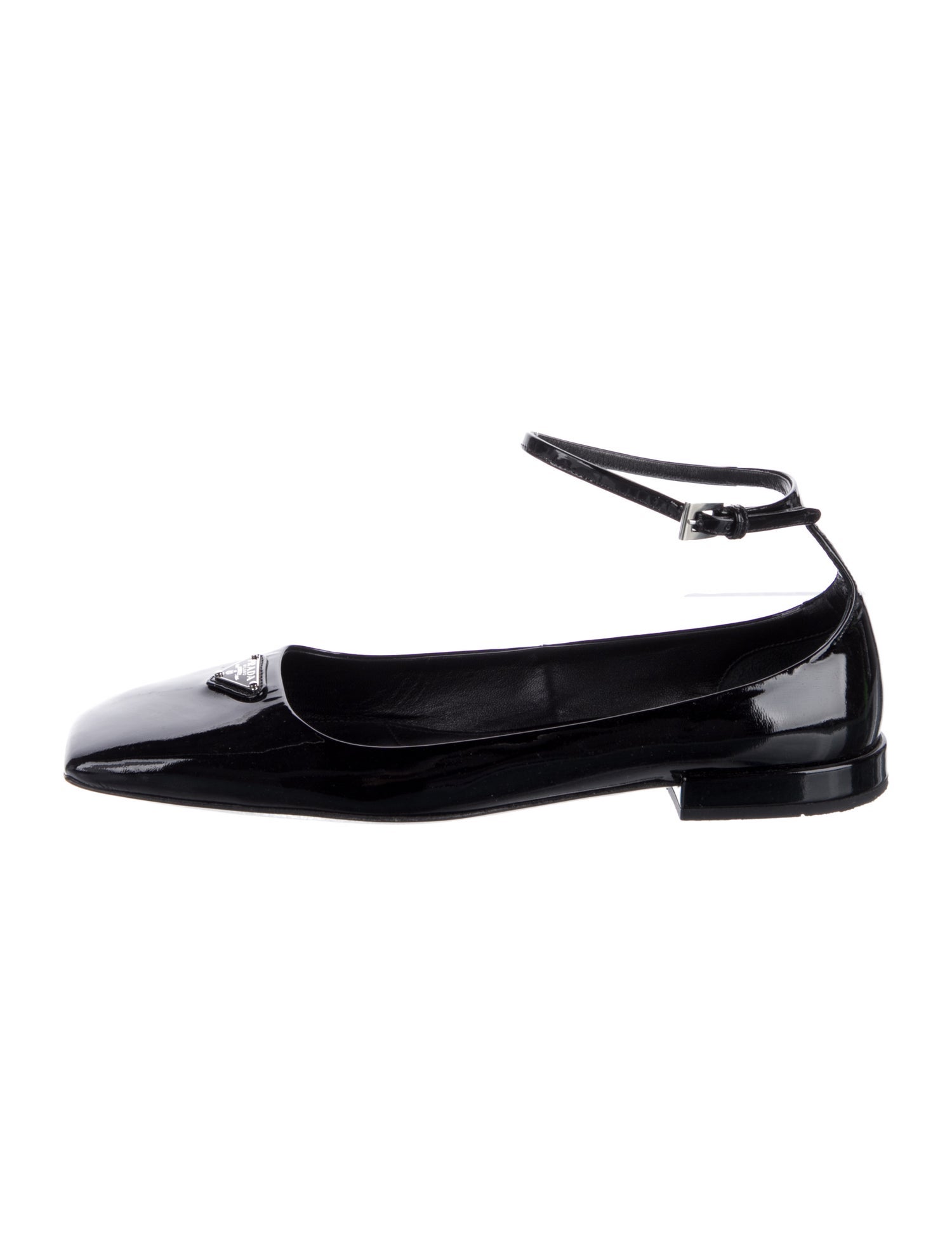 Prada Enameled Metal Triangle Patent Leather Flats