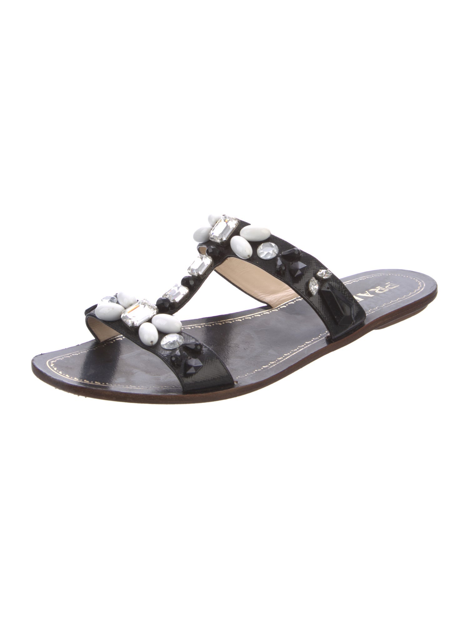 Prada Leather Crystal Embellishments Slides