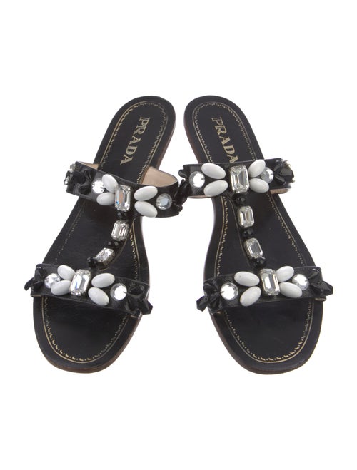 Prada Leather Crystal Embellishments Slides