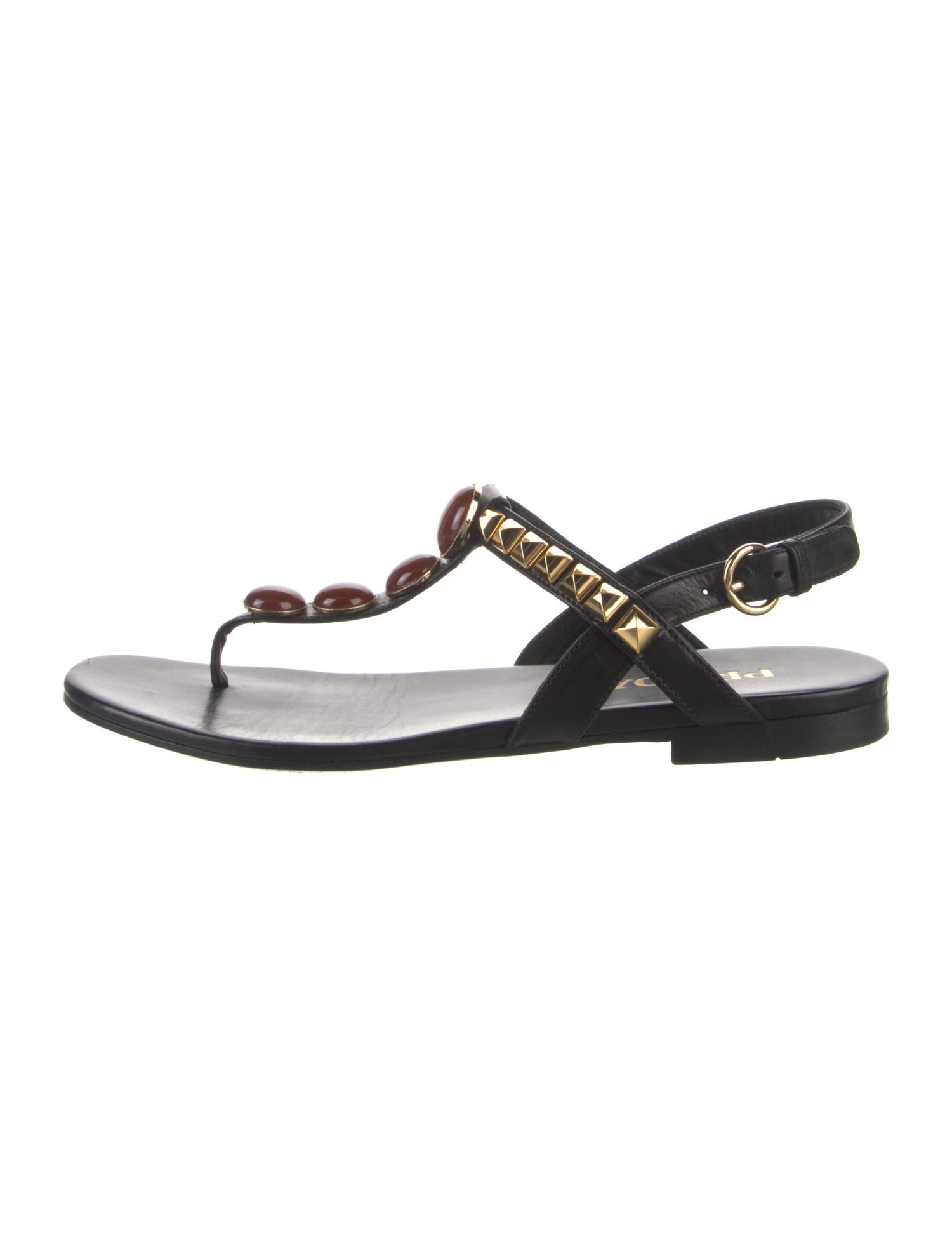 Prada Leather Studded Accents T-Strap Sandals