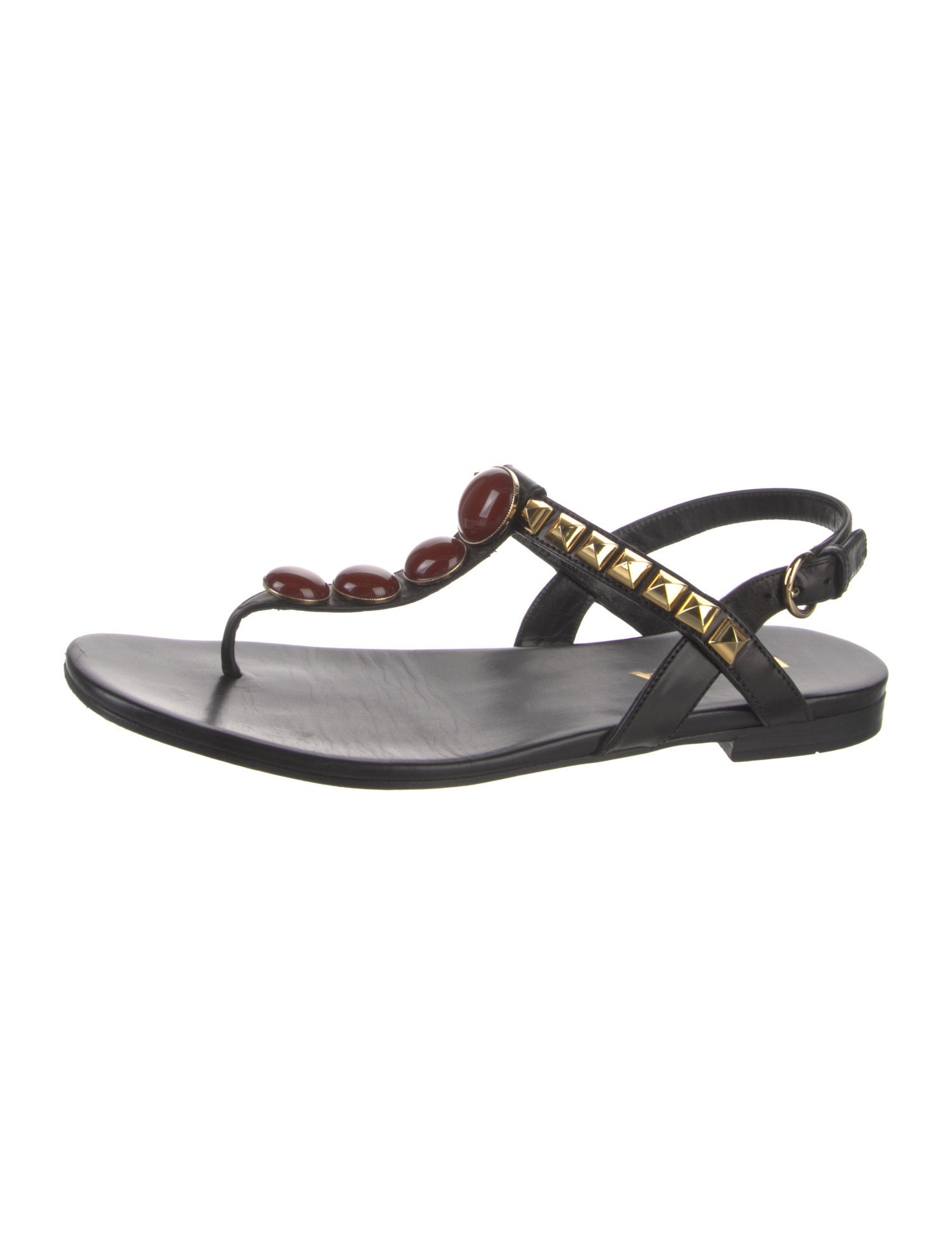 Prada Leather Studded Accents T-Strap Sandals