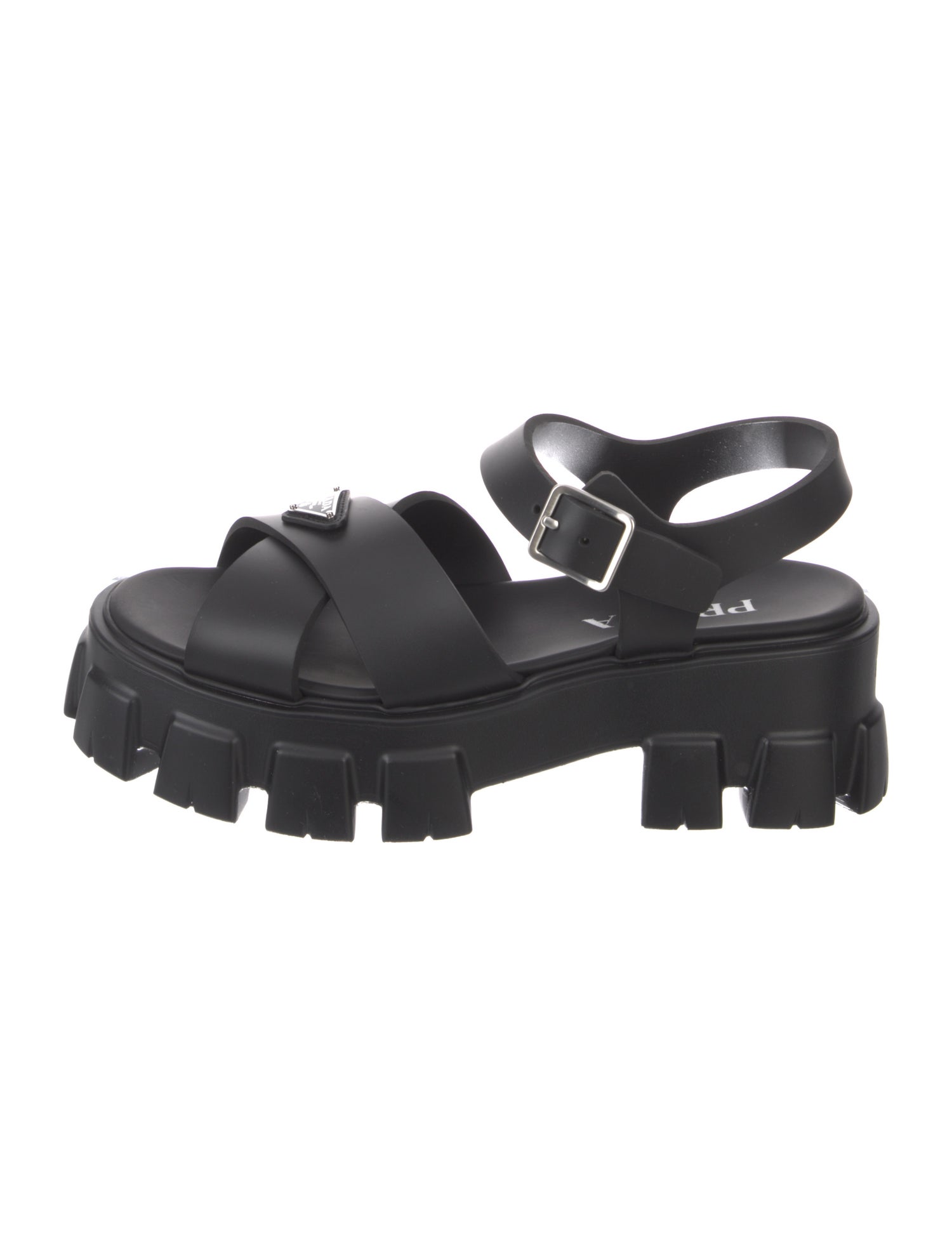 Prada Enameled Metal Triangle Leather Slingback Sandals