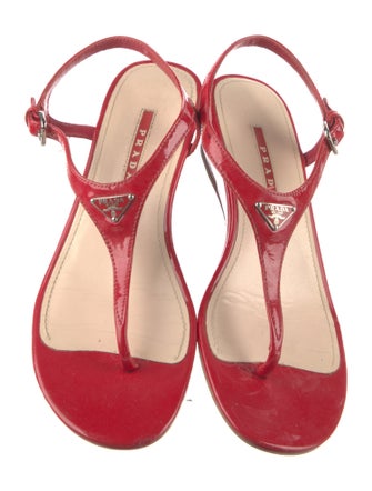 Prada Enameled Metal Triangle Patent Leather T-Strap Sandals