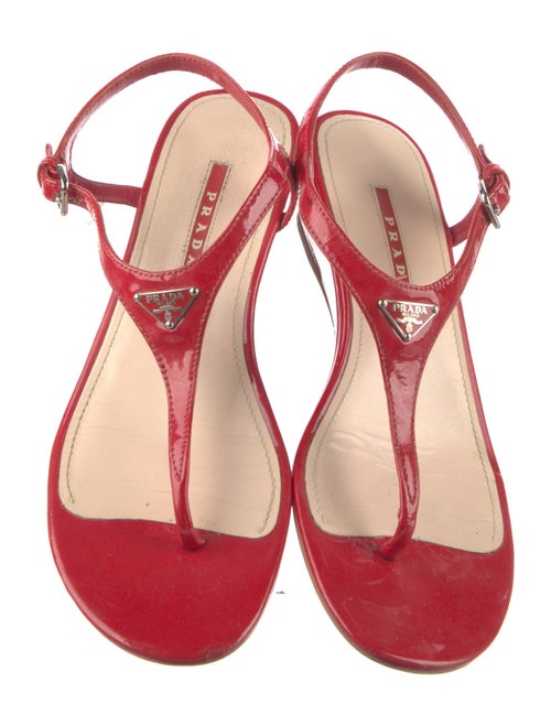 Prada Enameled Metal Triangle Patent Leather T-Strap Sandals