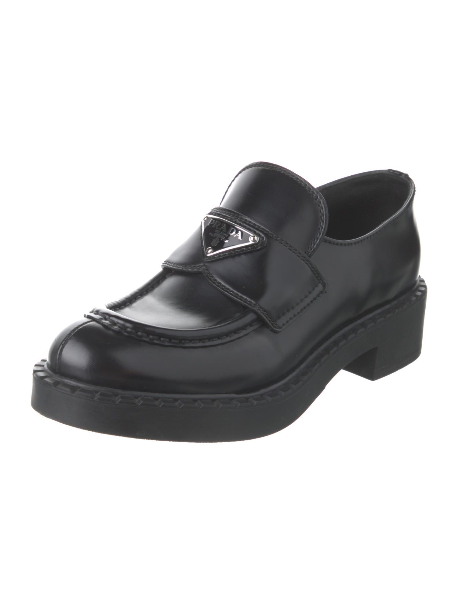 Prada Enameled Metal Triangle Leather Oxfords