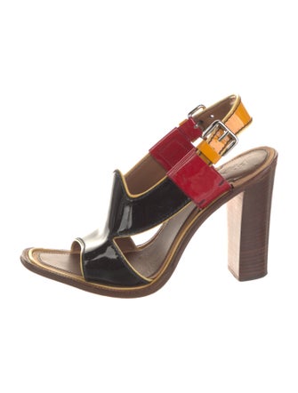 Prada Patent Leather Colorblock Pattern Slingback Sandals