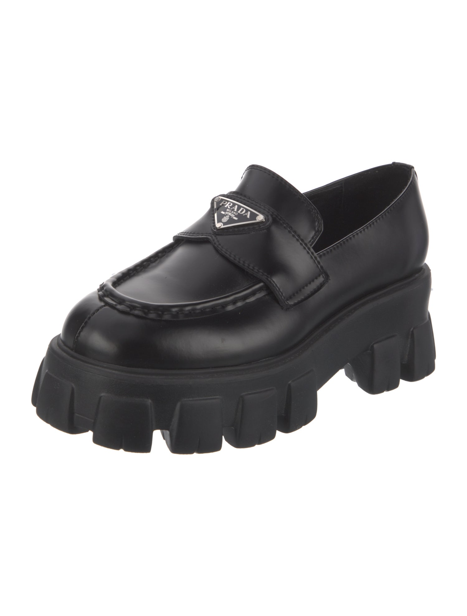 Prada Enameled Metal Triangle Leather Loafers