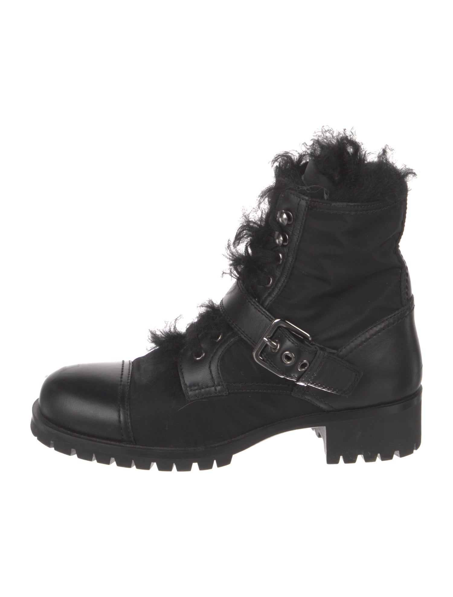 Prada Leather Fur Trim Combat Boots