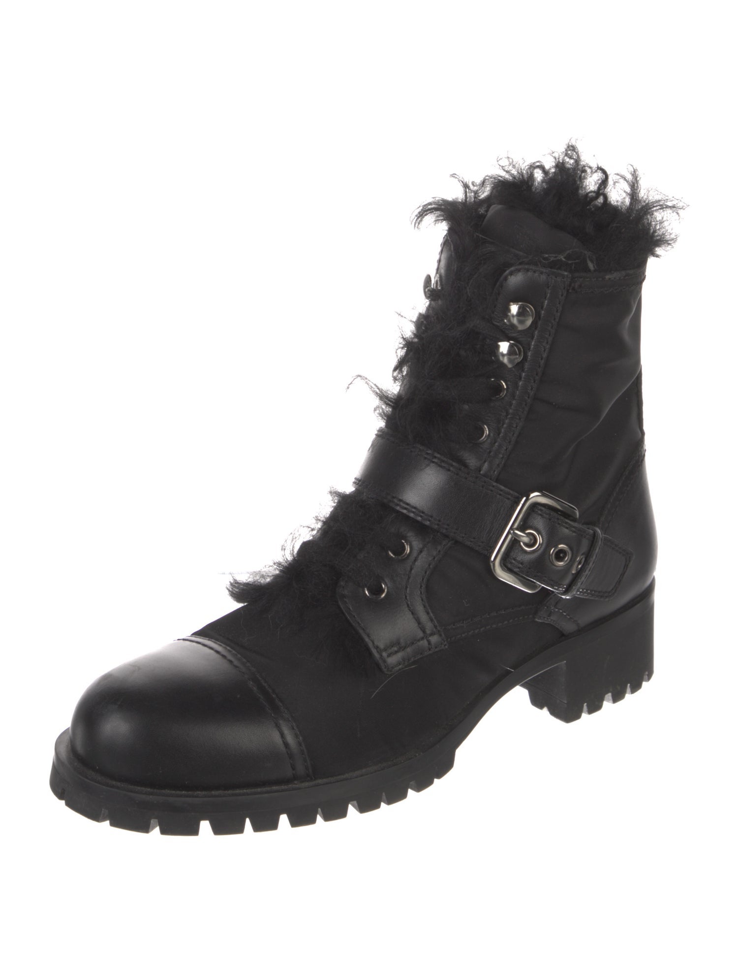 Prada Leather Fur Trim Combat Boots