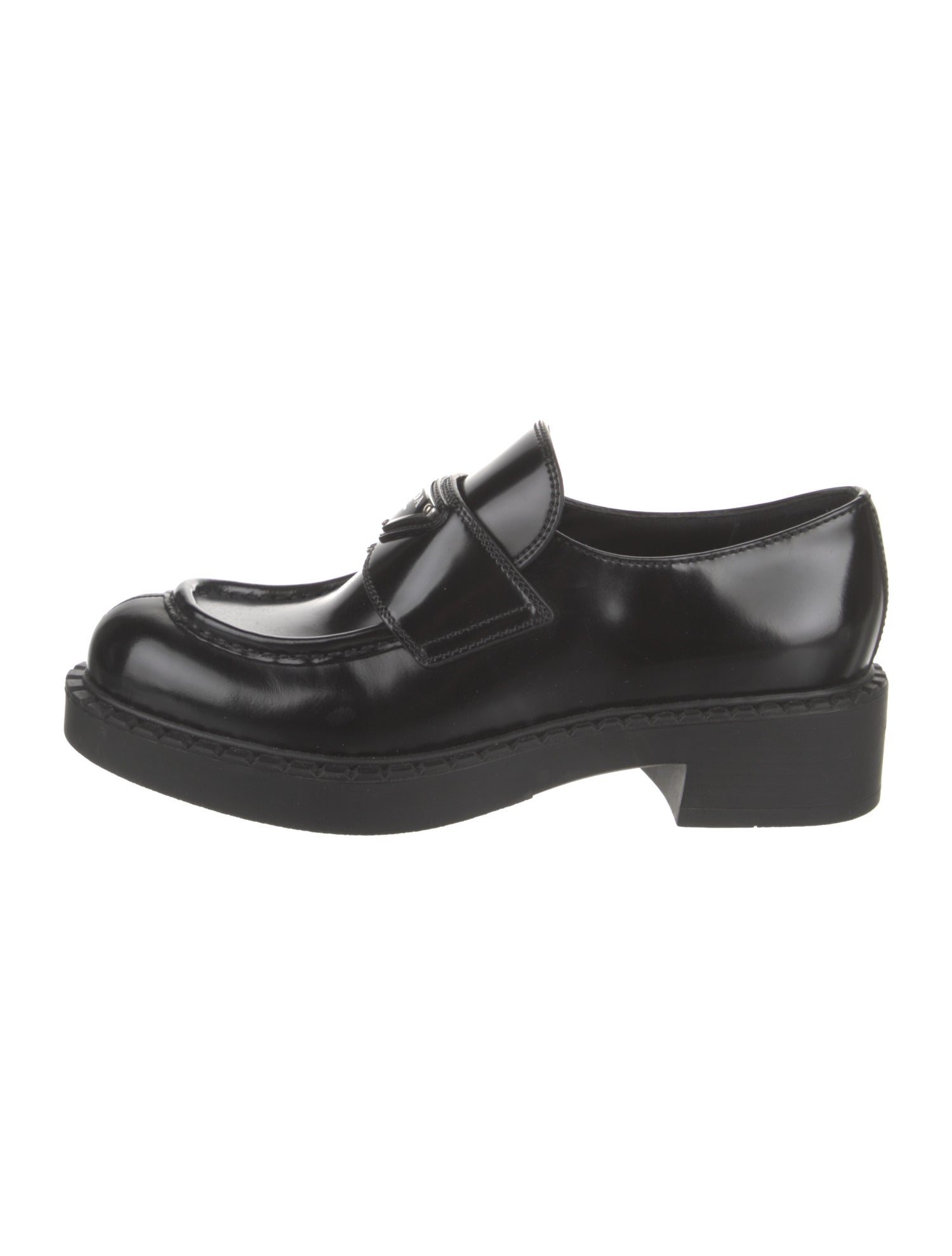 Prada Enameled Metal Triangle Leather Loafers