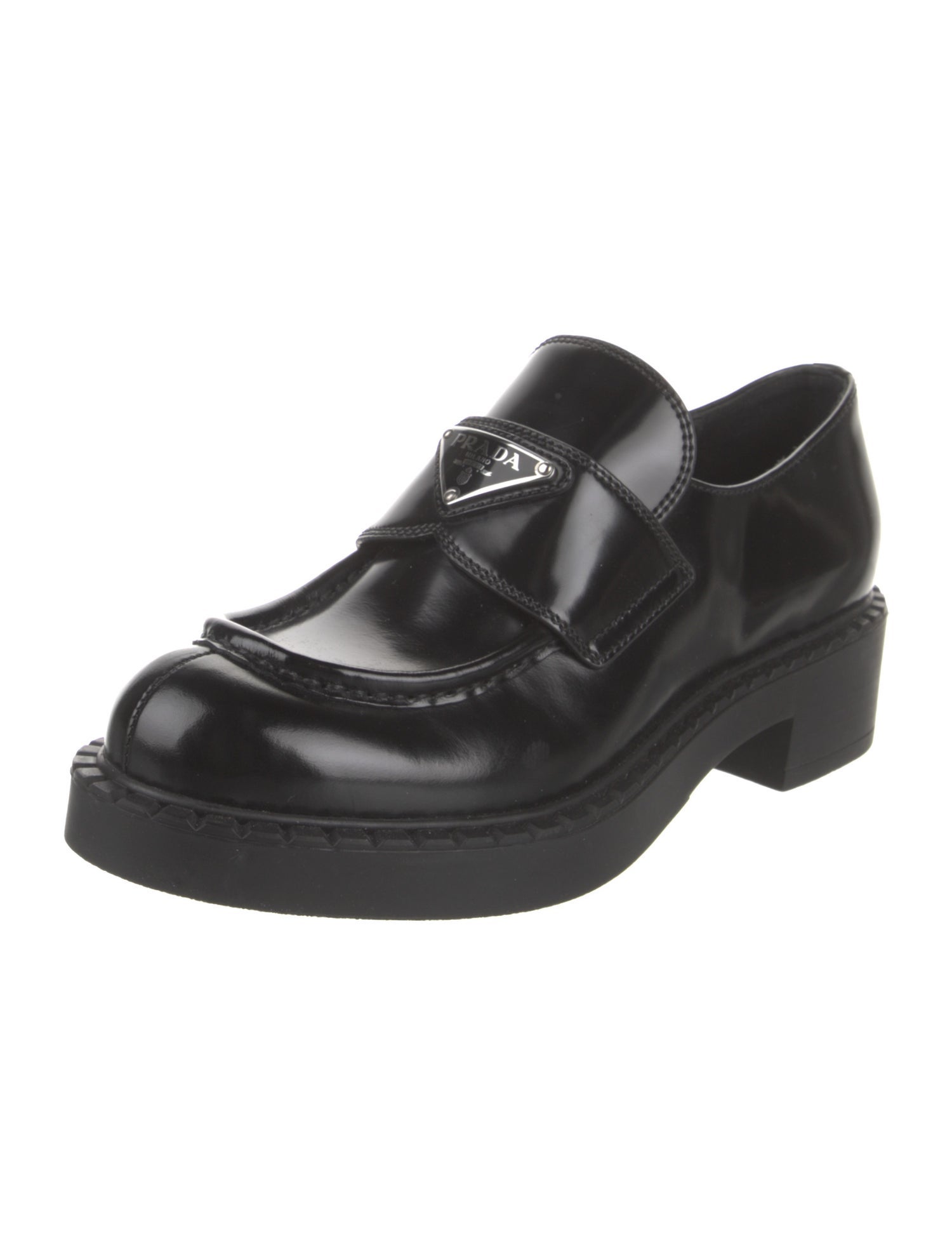 Prada Enameled Metal Triangle Leather Loafers