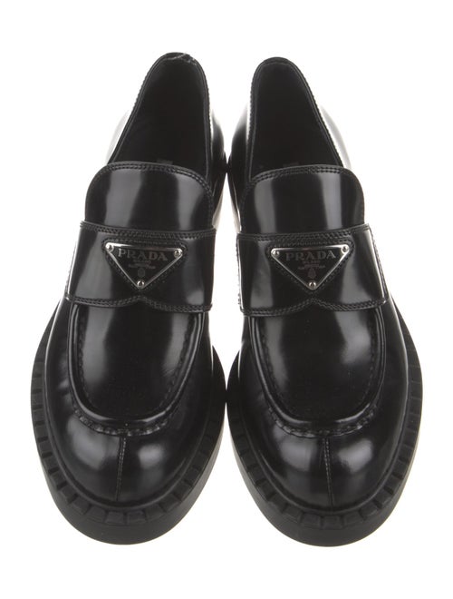 Prada Enameled Metal Triangle Leather Loafers
