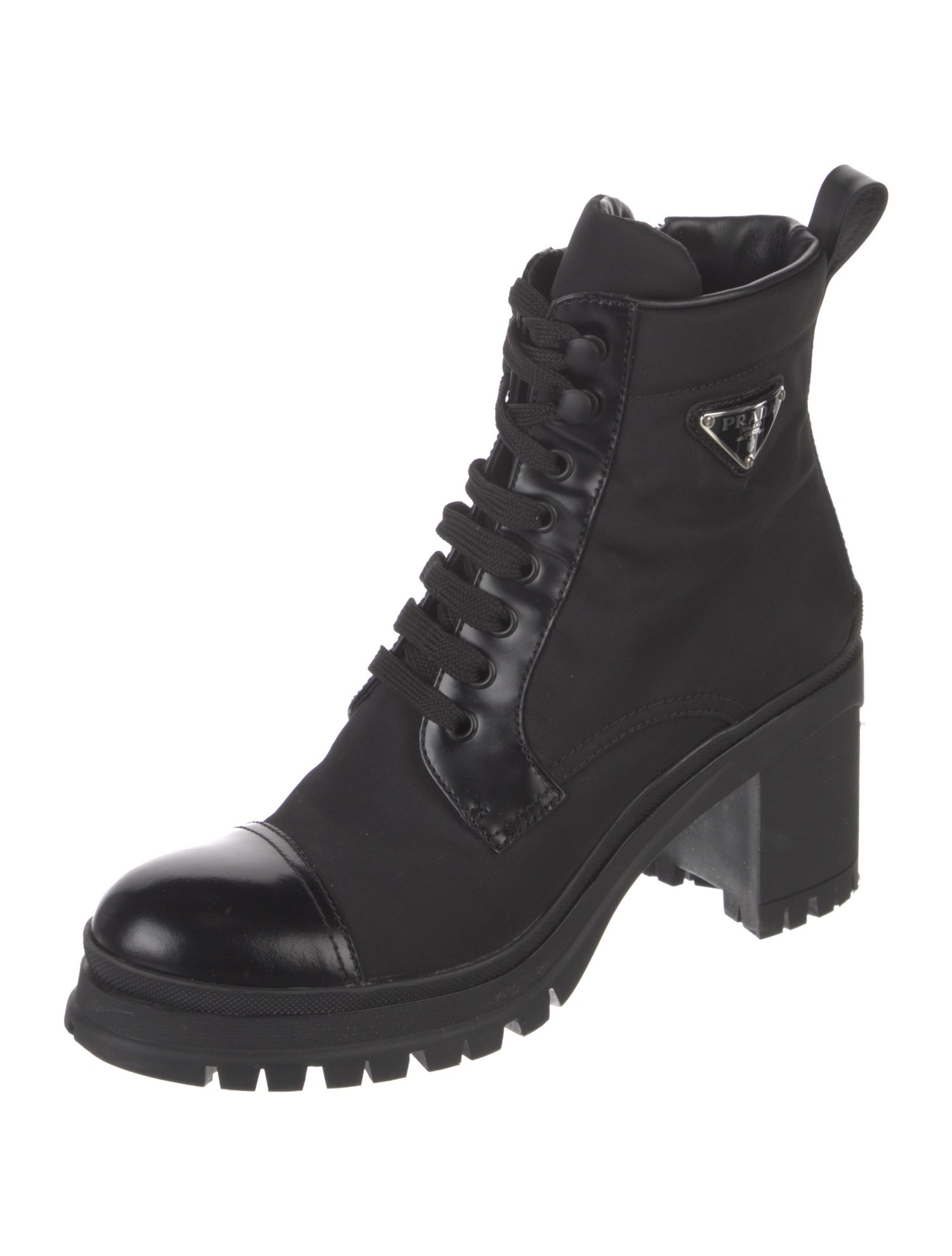 Prada Nylon Leather Trim Embellishment Combat Boots