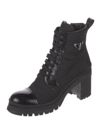Prada Nylon Leather Trim Embellishment Combat Boots