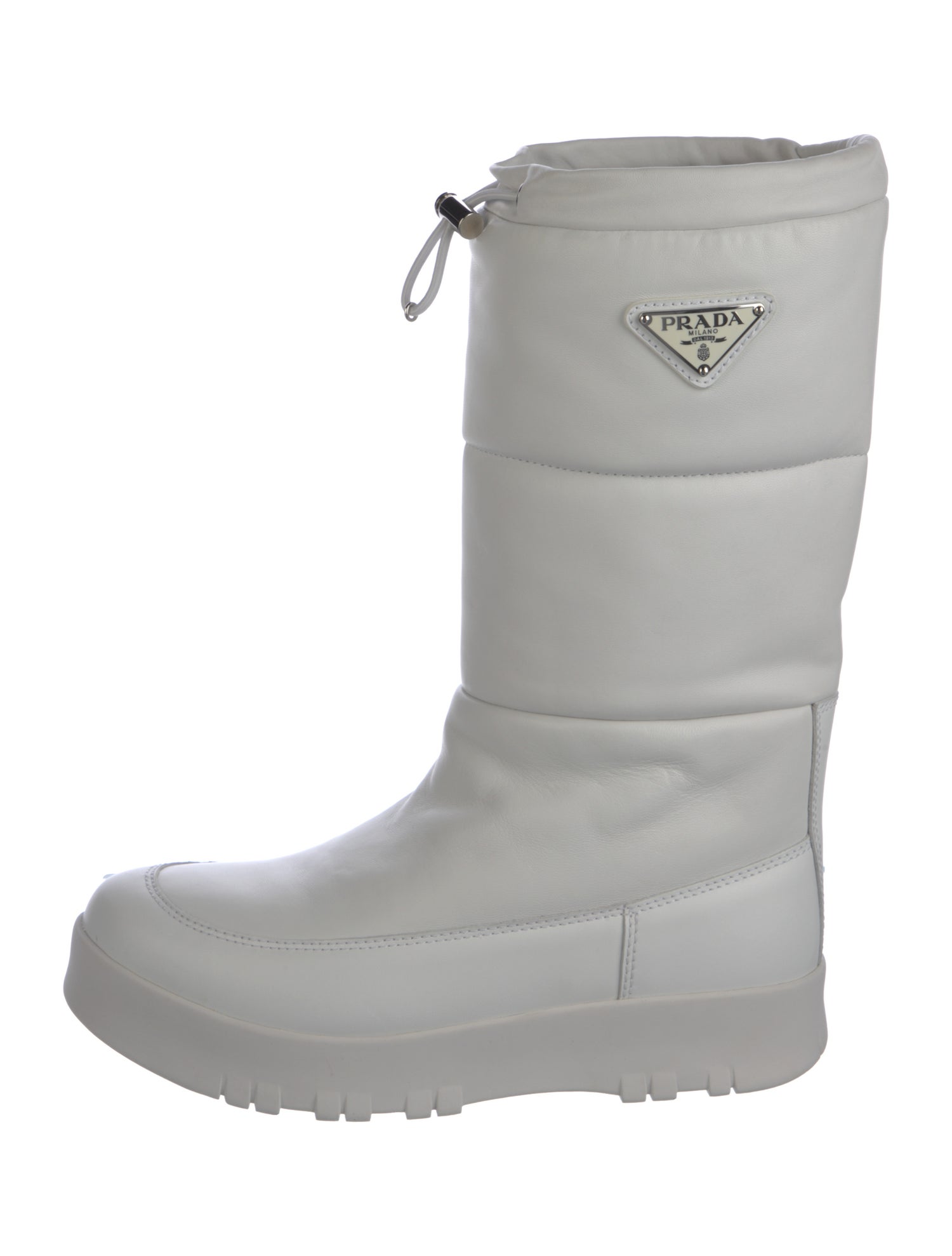 Prada Enameled Metal Triangle Leather Boots