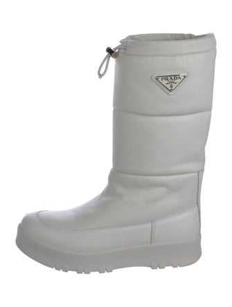 Prada Enameled Metal Triangle Leather Boots