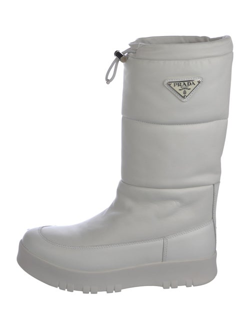 Prada Enameled Metal Triangle Leather Boots
