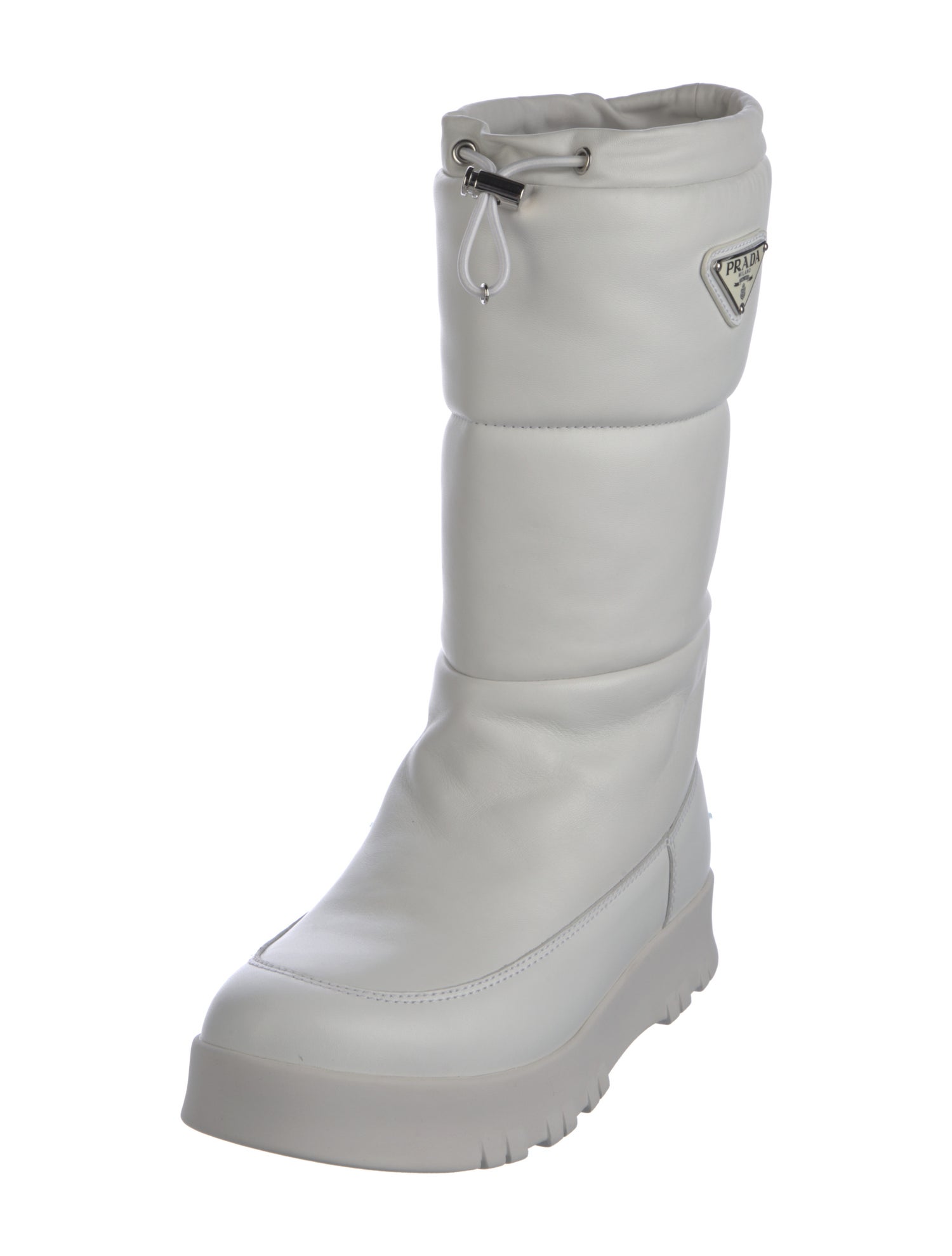 Prada Enameled Metal Triangle Leather Boots