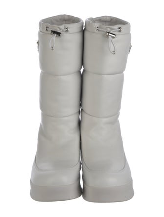 Prada Enameled Metal Triangle Leather Boots