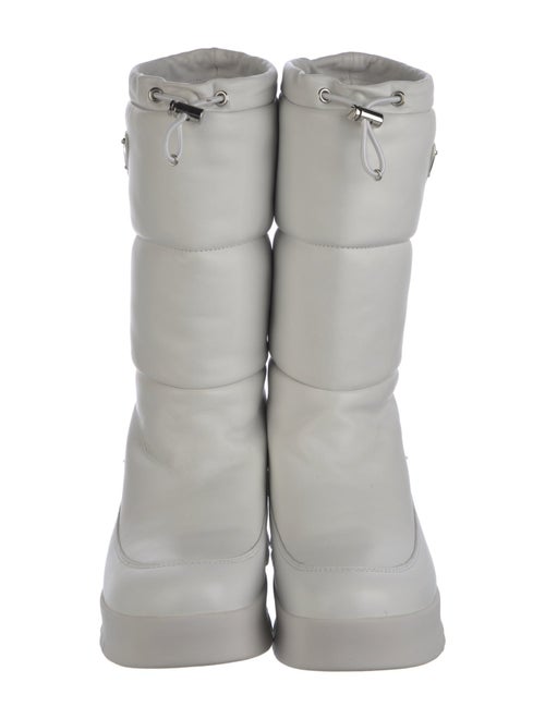 Prada Enameled Metal Triangle Leather Boots