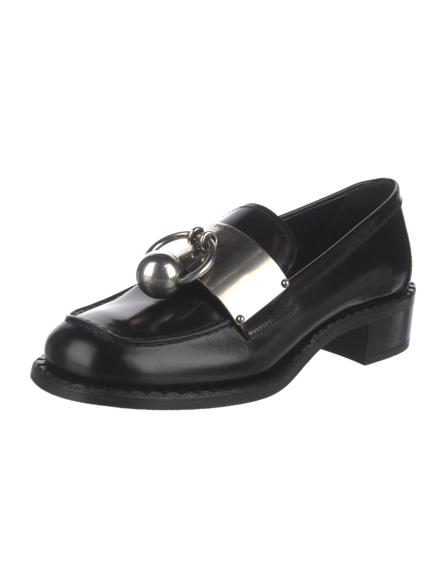 Prada Enameled Metal Triangle Leather Loafers