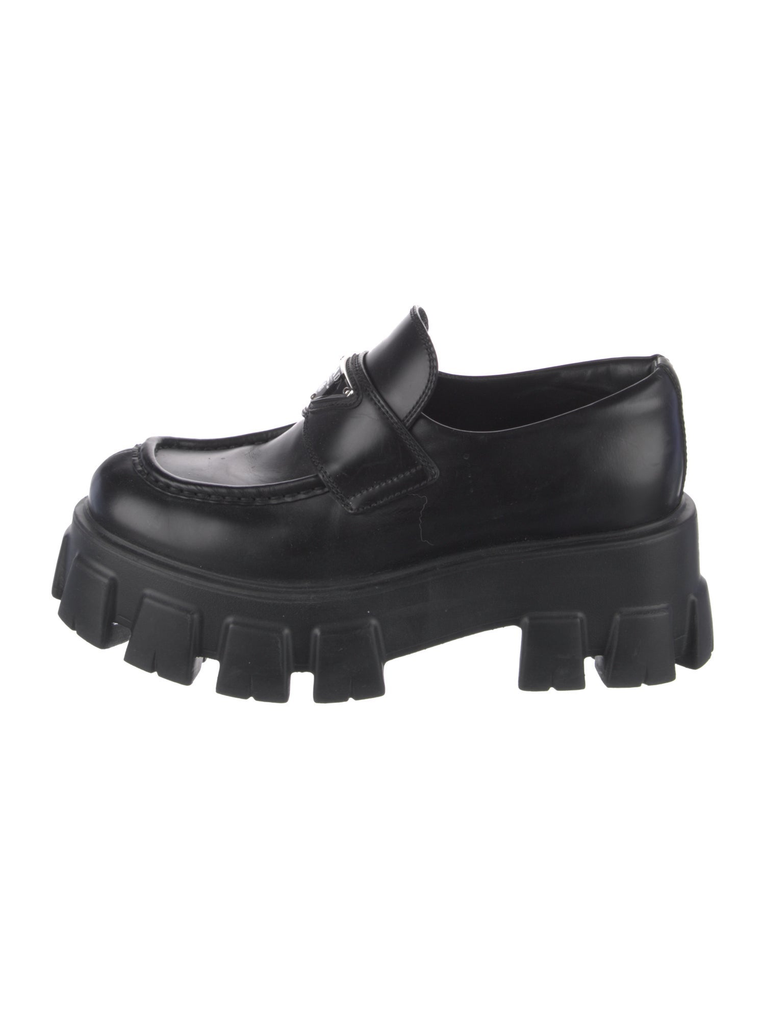 Prada Enameled Metal Triangle Leather Oxfords