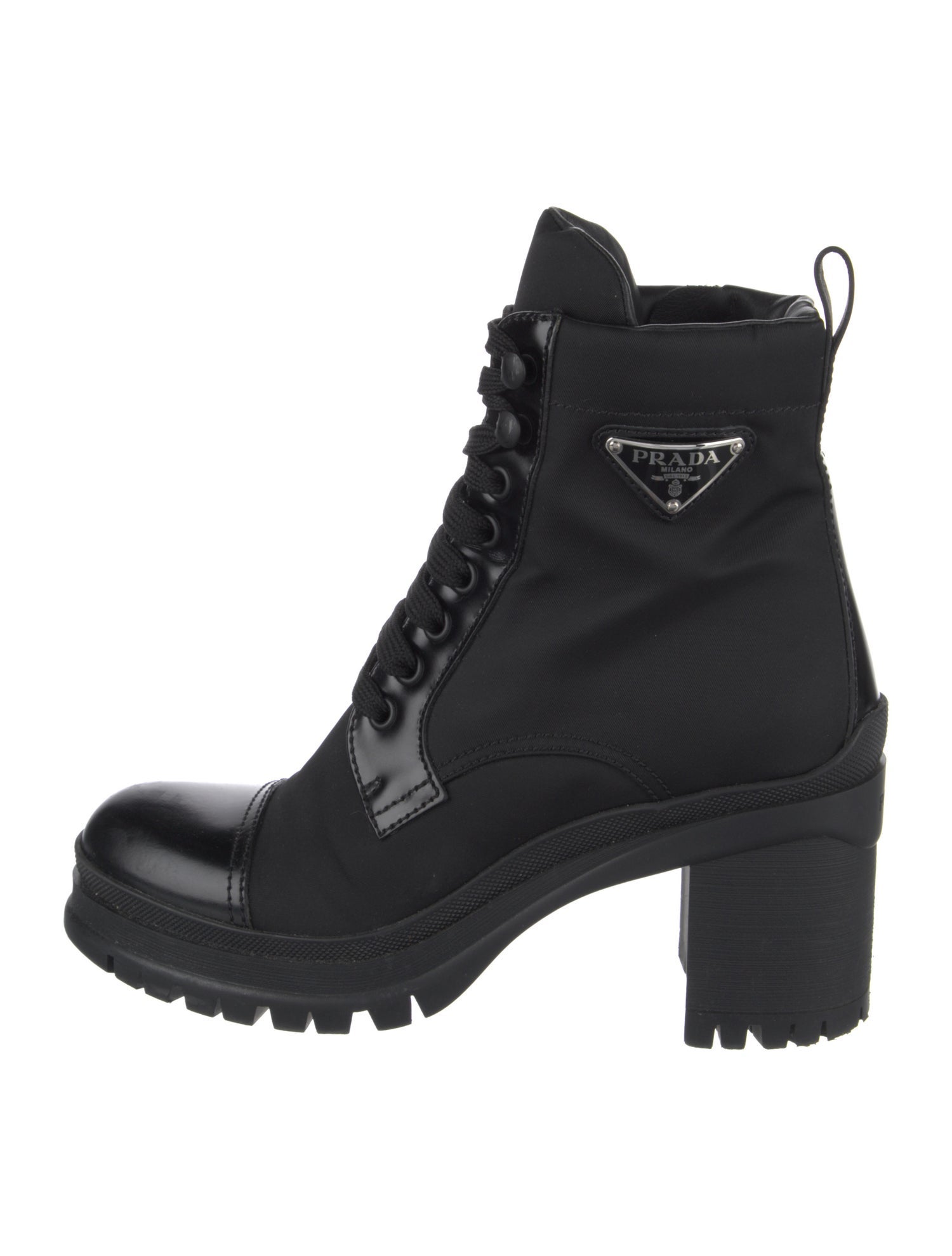 Prada Enameled Metal Triangle Nylon Combat Boots