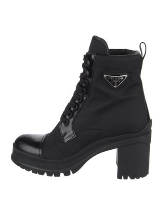 Prada Enameled Metal Triangle Nylon Combat Boots