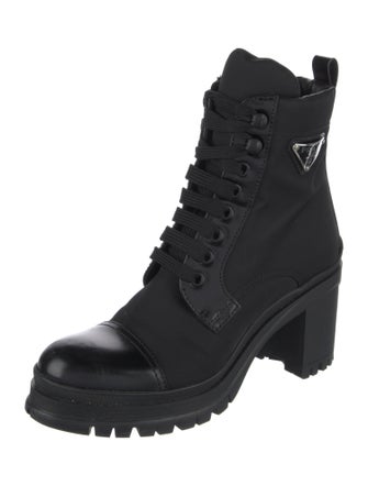 Prada Enameled Metal Triangle Nylon Combat Boots