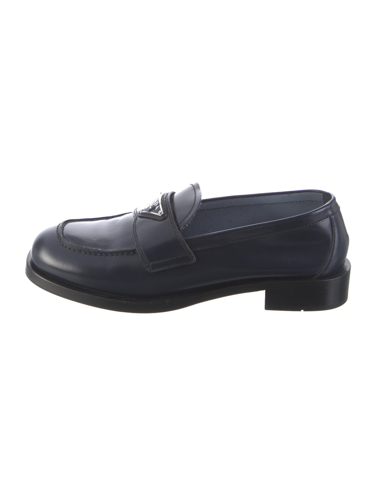Prada Enameled Metal Triangle Leather Loafers