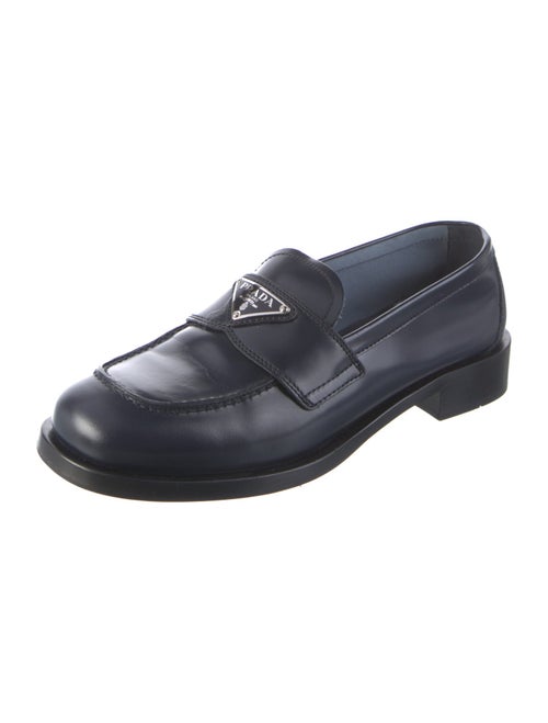 Prada Enameled Metal Triangle Leather Loafers