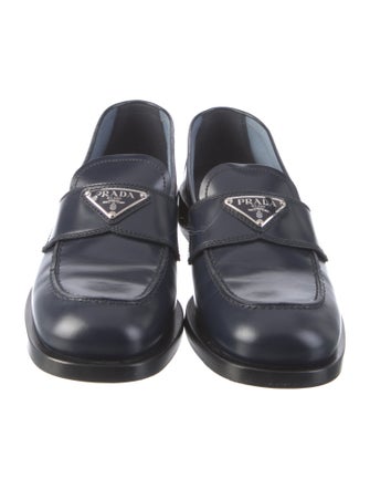 Prada Enameled Metal Triangle Leather Loafers