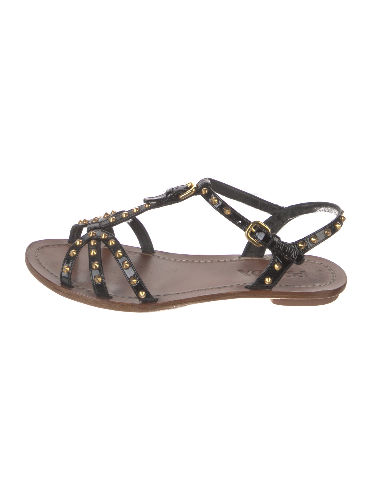 Prada Patent Leather Studded Accents T-Strap Sandals