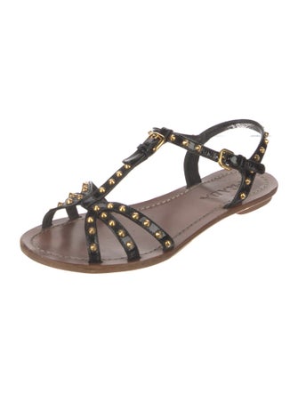Prada Patent Leather Studded Accents T-Strap Sandals