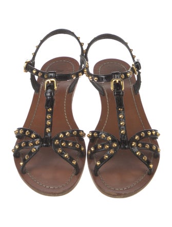 Prada Patent Leather Studded Accents T-Strap Sandals
