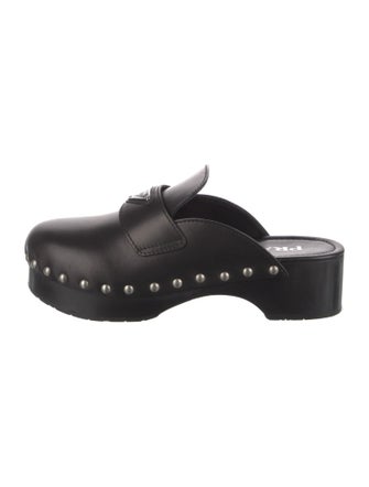 Prada Enameled Metal Triangle Leather Mules