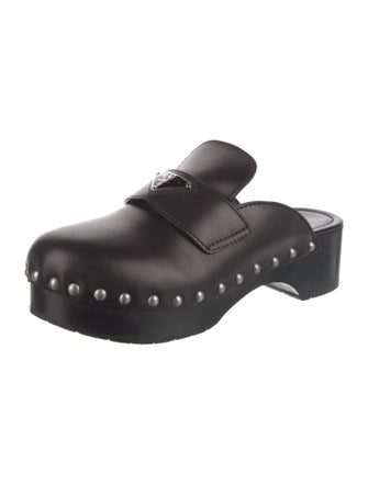 Prada Enameled Metal Triangle Leather Mules