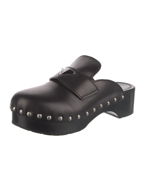 Prada Enameled Metal Triangle Leather Mules